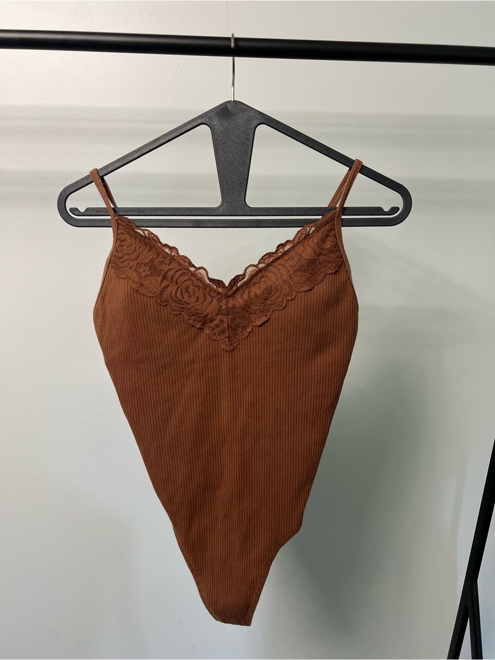 PINK Victoria's Secret Ribbed Lace Trim Cami Bodysuit - Brown